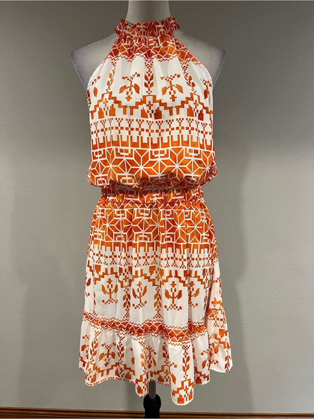 Halter Neck Orange & White Printed sleeveless mini Sundress